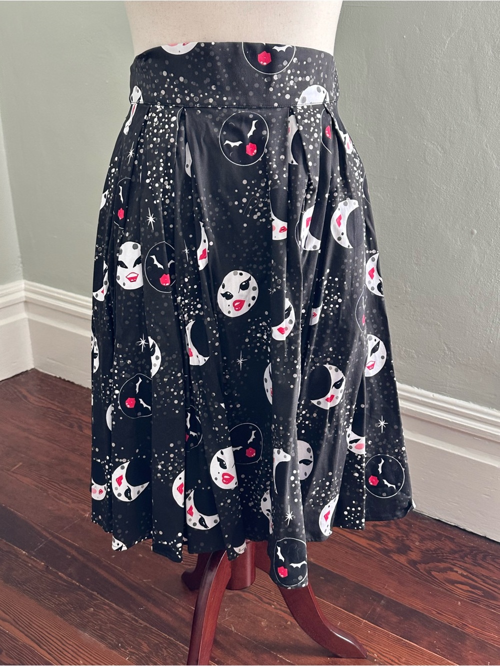 Black Moon-Print Circle Skirt with Red Accent Details